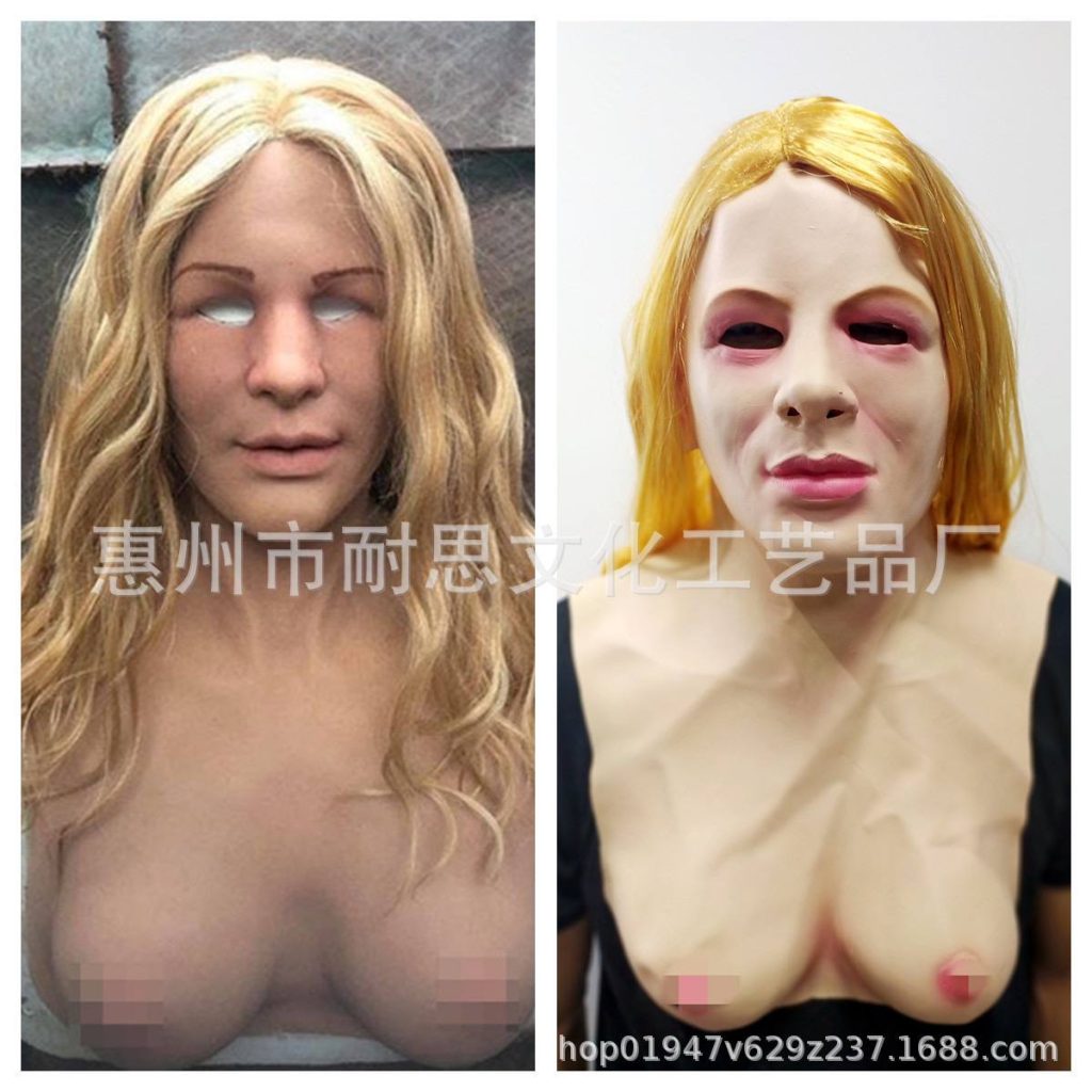 Пугающе-реалистичная женская маска с длинными светлыми волосами и формованной грудью. Часто используется для Хэллоуина, фрик-шоу или креативного косплея.